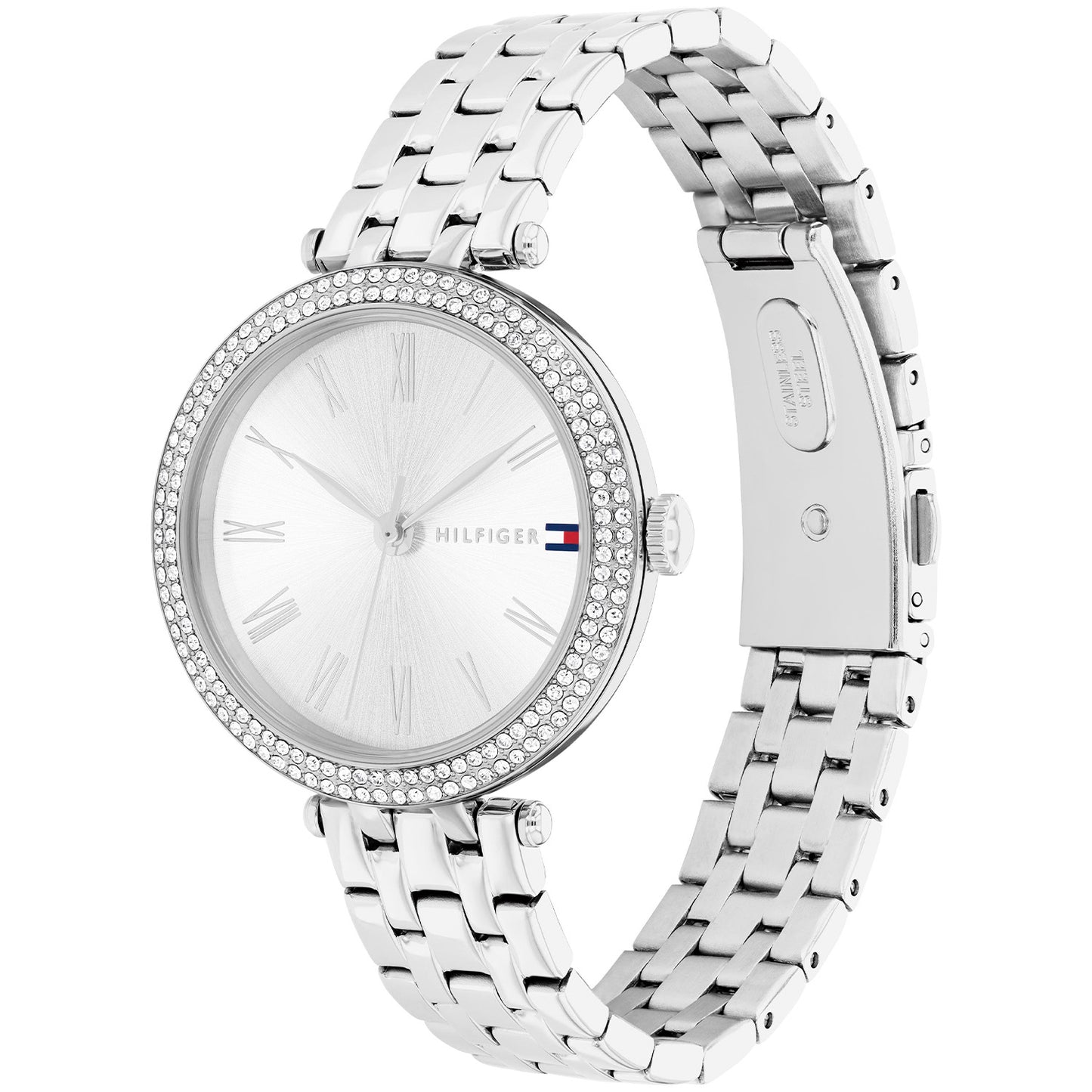 Silberfarbene Armbanduhr für Damen mit weißem Zifferblatt, Zirkonia-Besatz und Gliederarmband