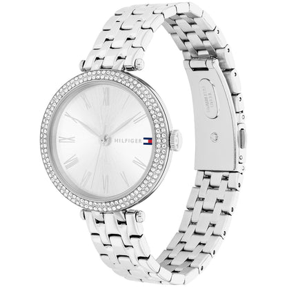 Silberfarbene Armbanduhr für Damen mit weißem Zifferblatt, Zirkonia-Besatz und Gliederarmband