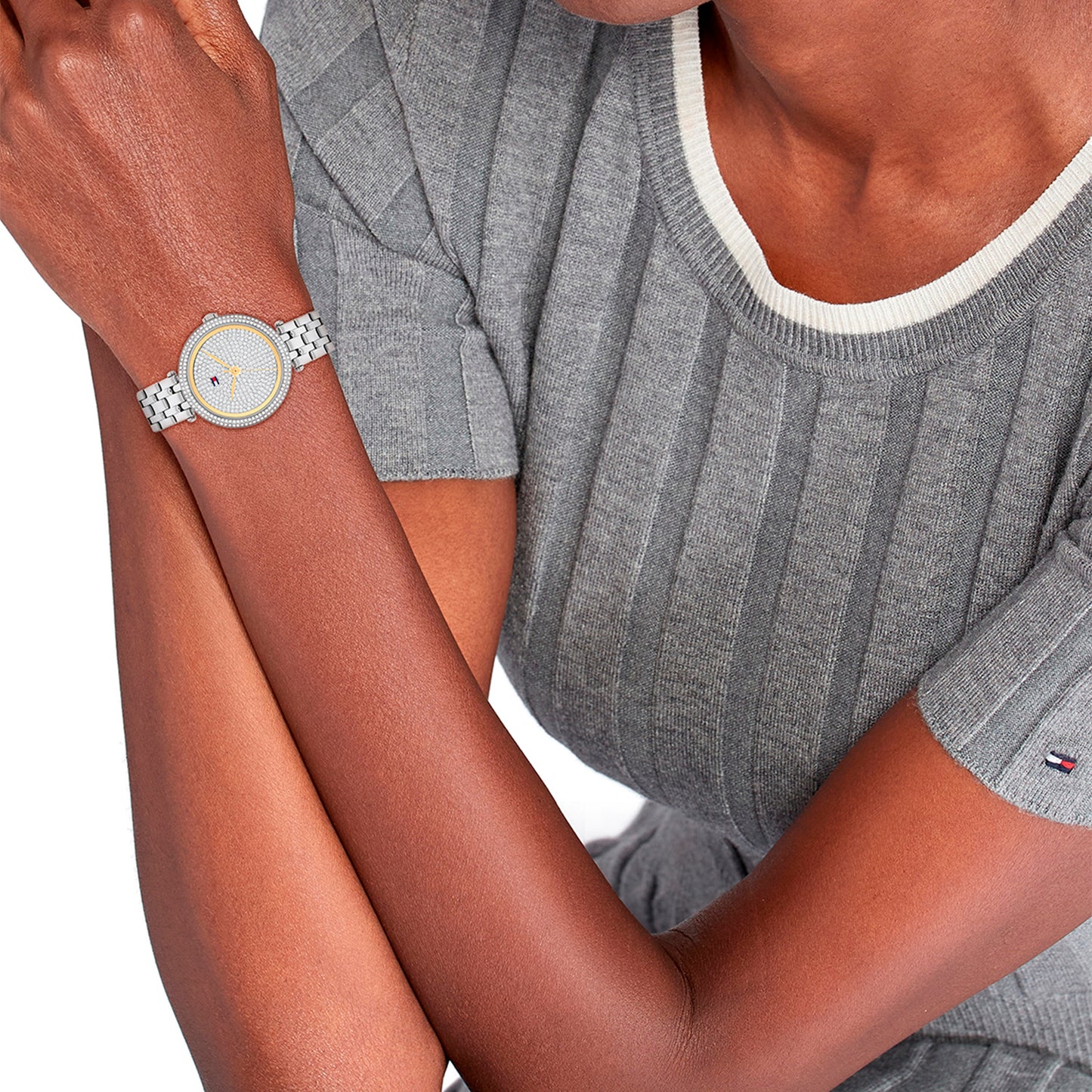 Damen-Armbanduhr Tommy Hilfiger, silbernes Edelstahlband, Zirkonia-Rahmen und gelber Akzent
