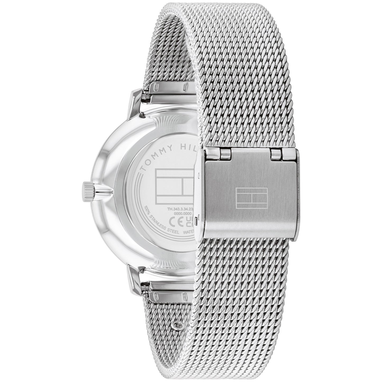 Tommy Hilfiger Damenarmbanduhr mit silbernem Edelstahl-Mesharmband und Rückseite