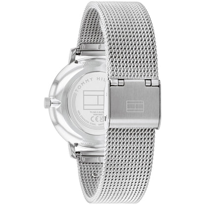 Tommy Hilfiger Damenarmbanduhr mit silbernem Edelstahl-Mesharmband und Rückseite