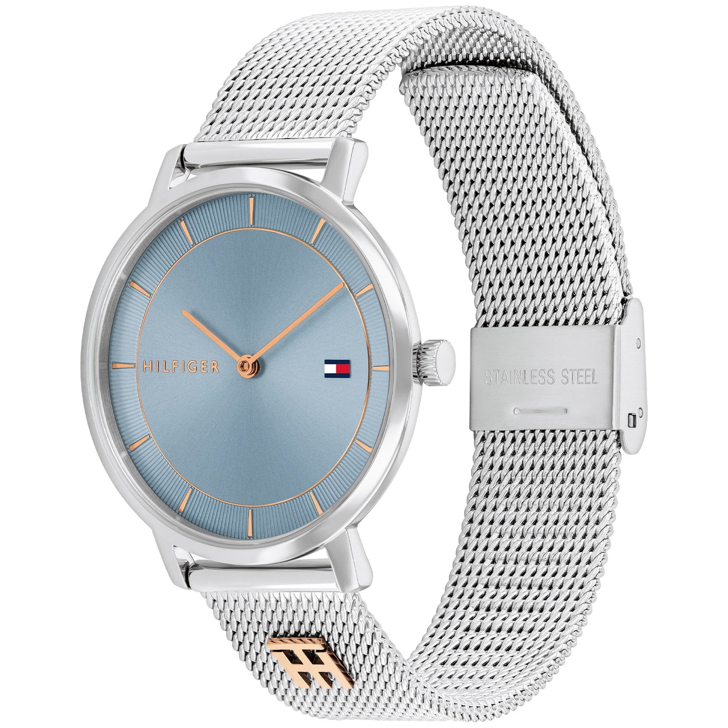 Tommy Hilfiger Uhr mit blauem Zifferblatt, silbernem Edelstahlgehäuse und Meshband
