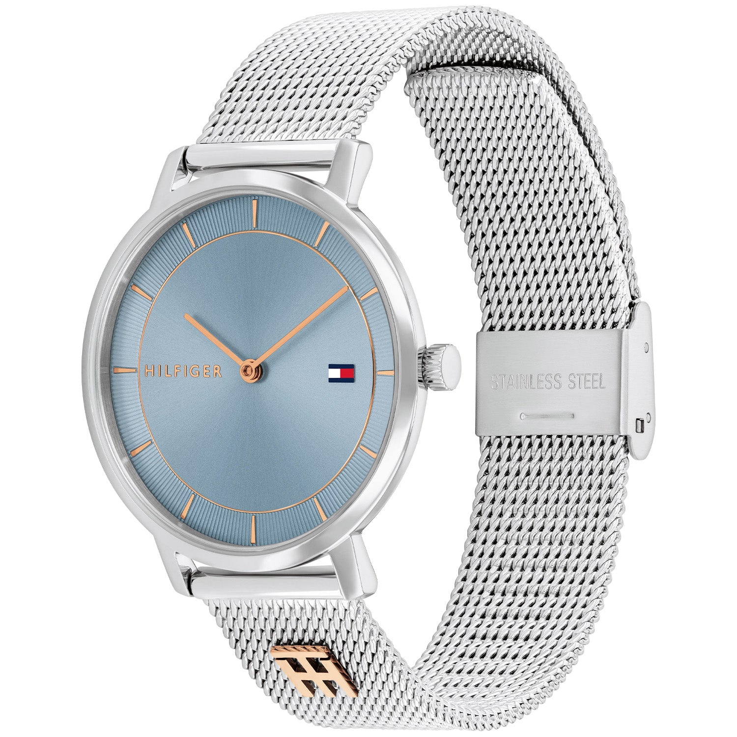 Tommy Hilfiger Uhr mit blauem Zifferblatt, silbernem Edelstahlgehäuse und Meshband