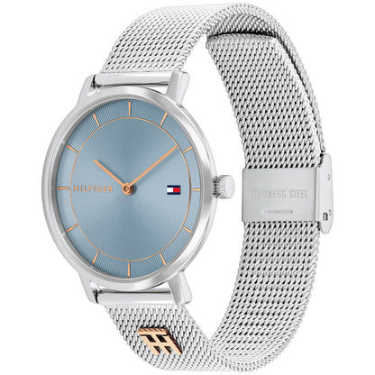 Tommy Hilfiger Uhr mit blauem Zifferblatt, silbernem Edelstahlgehäuse und Meshband