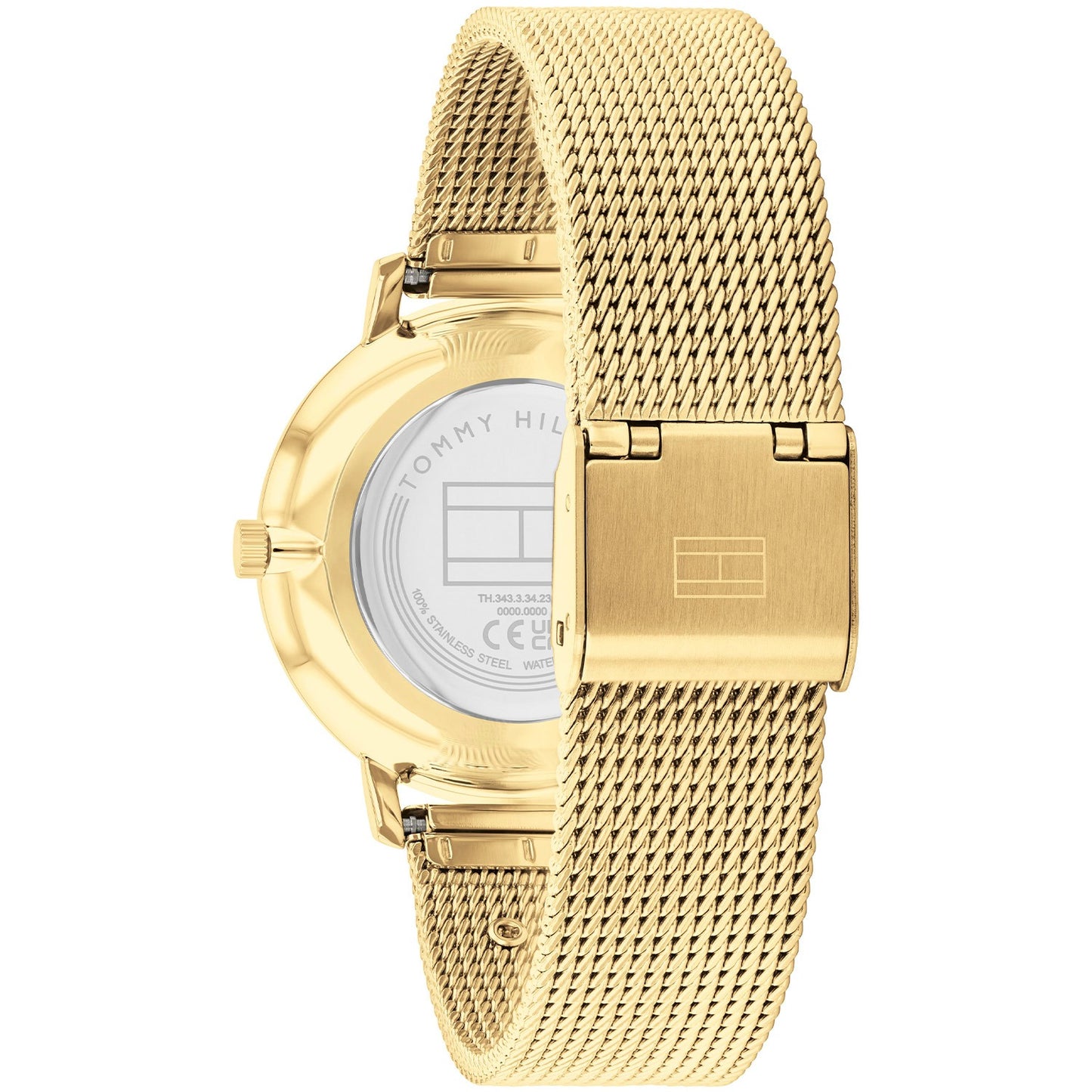 Tommy Hilfiger Damenarmbanduhr mit goldfarbener Mesharmband-Ansicht von der Seite