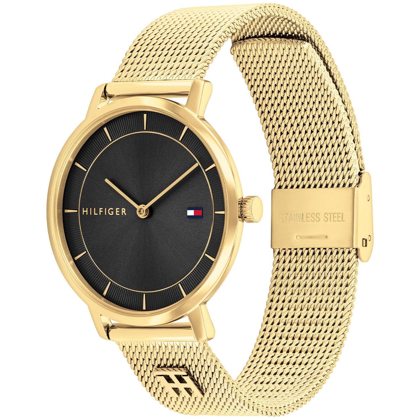 Tommy Hilfiger Damenarmbanduhr, rundes schwarzes Zifferblatt mit goldfarbenem Meshband