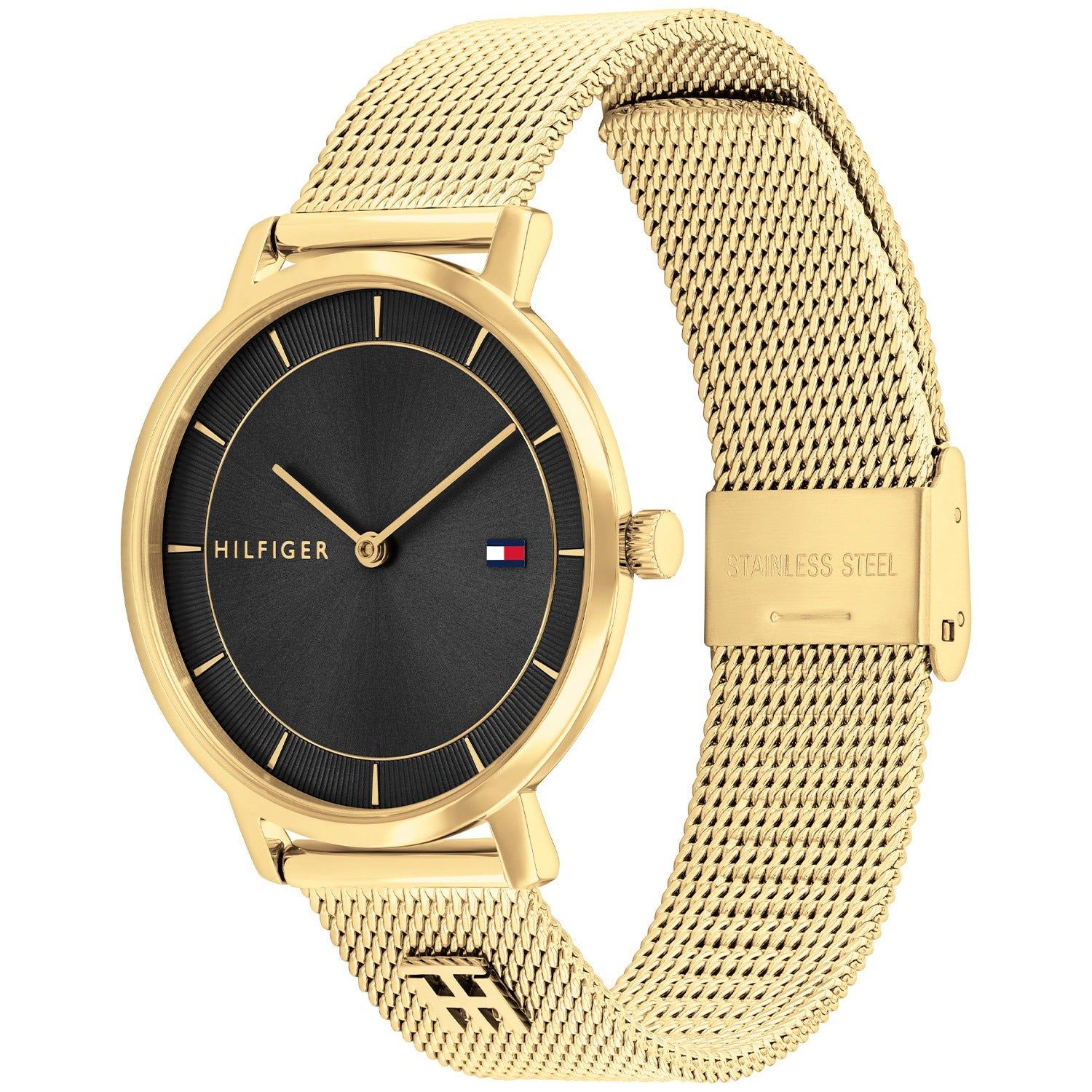 Tommy Hilfiger Damenarmbanduhr, rundes schwarzes Zifferblatt mit goldfarbenem Meshband
