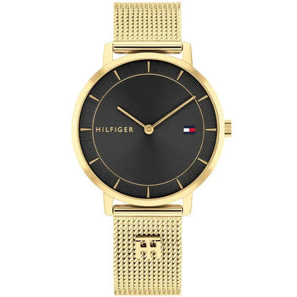 Tommy Hilfiger Damenarmbanduhr mit goldenem Metallarmband, schwarzem Zifferblatt und Logo