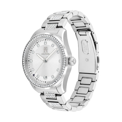 Damenarmbanduhr Tommy Hilfiger TH85, seitliche Ansicht in Silber mit Kristallapplikationen