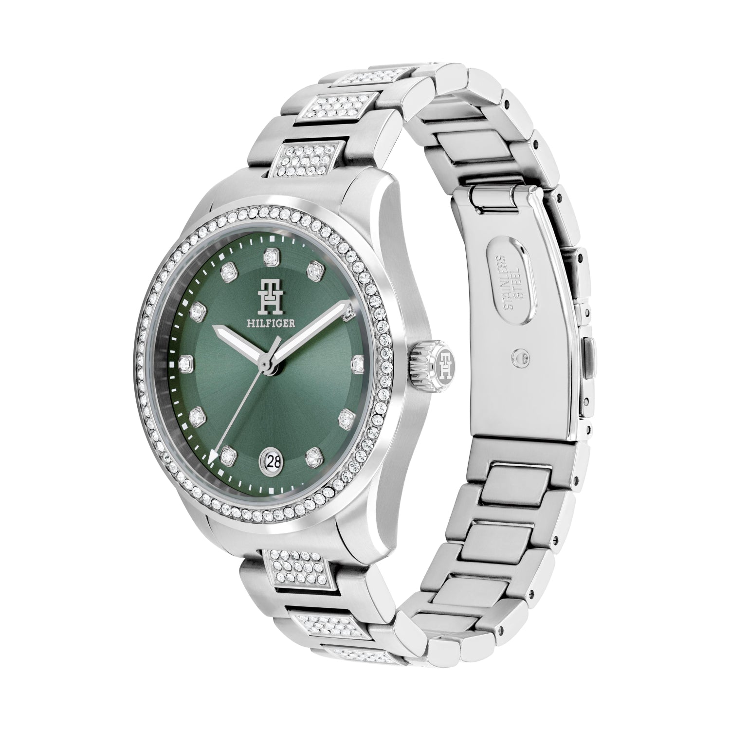 Damen-Armbanduhr mit grünem Zifferblatt, silbernem Edelstahlband und Kristalllünette