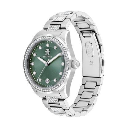 Damen-Armbanduhr mit grünem Zifferblatt, silbernem Edelstahlband und Kristalllünette