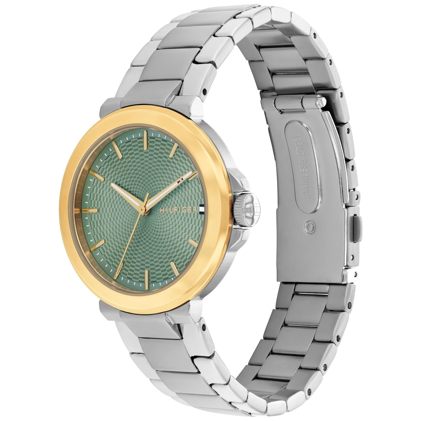 Tommy Hilfiger Lori Uhr mit grünem Zifferblatt, goldfarbener Lünette und Edelstahlband