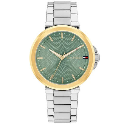 Tommy Hilfiger Damenarmbanduhr mit grünem Zifferblatt, goldfarbener Lünette und Metallband