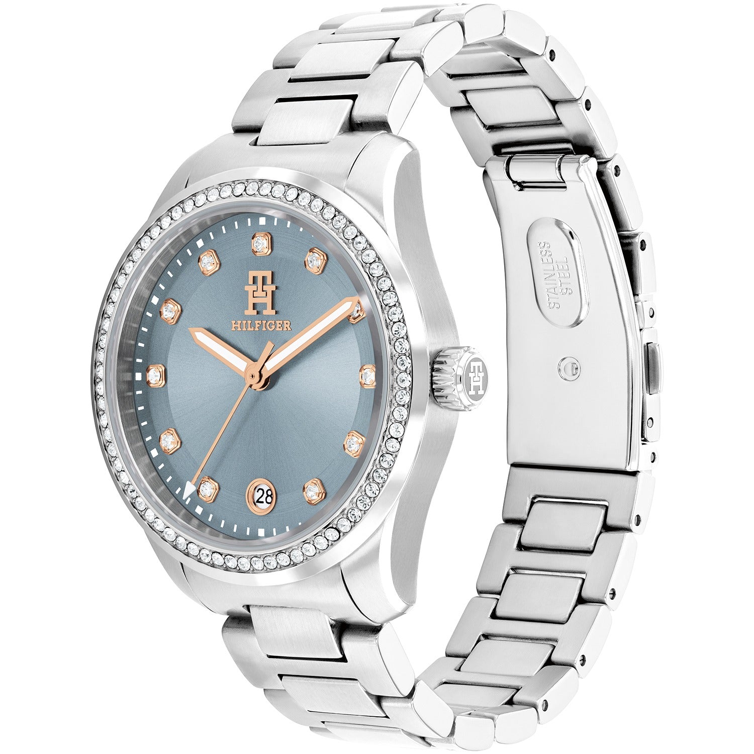 Tommy Hilfiger Damenarmbanduhr mit silbernem Metallarmband, blauem Zifferblatt, Steinbesatz