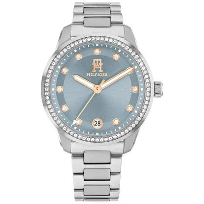 Tommy Hilfiger Damenarmbanduhr silbern, blaues Zifferblatt, strassbesetzte Lünette
