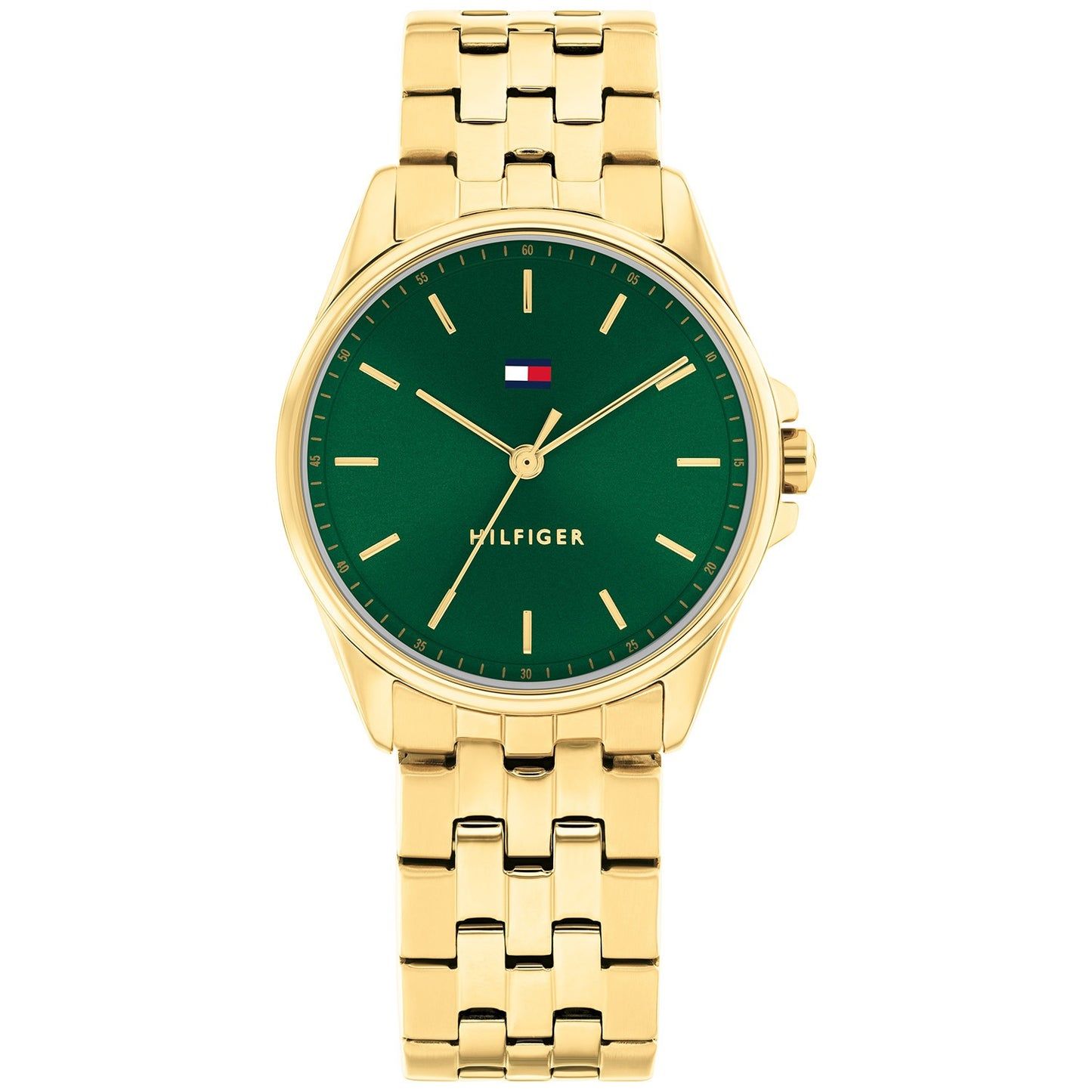 Tommy Hilfiger Jade Damenuhr mit grünem Zifferblatt und goldfarbenem Edelstahlarmband