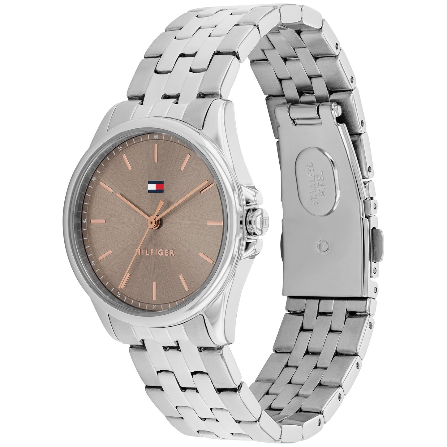 Damenarmbanduhr Tommy Hilfiger, silbernes Metallband, Krone und beiges Rundzifferblatt
