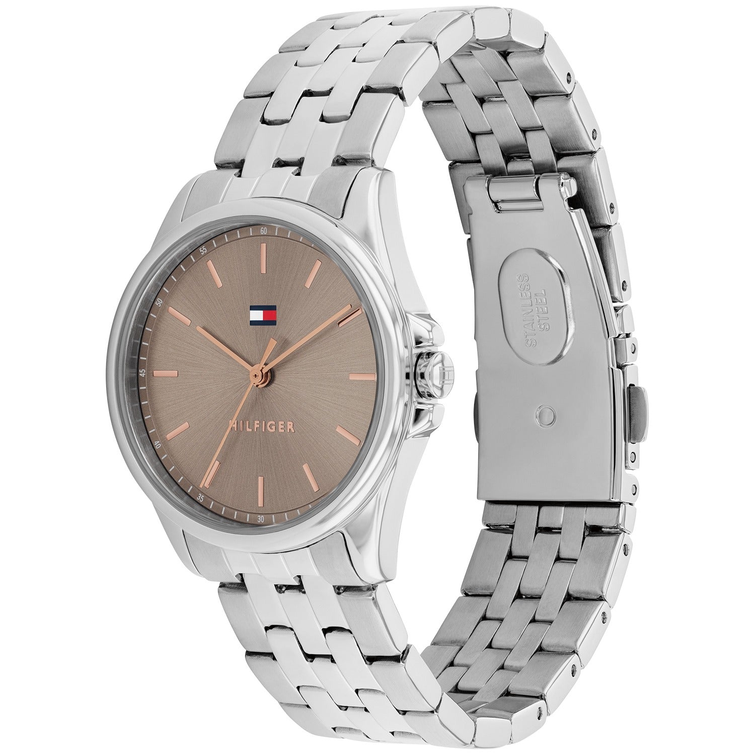 Damenarmbanduhr Tommy Hilfiger, silbernes Metallband, Krone und beiges Rundzifferblatt