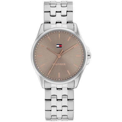 Damenarmbanduhr Tommy Hilfiger mit silbernem Edelstahlband, rundem beigem Zifferblatt