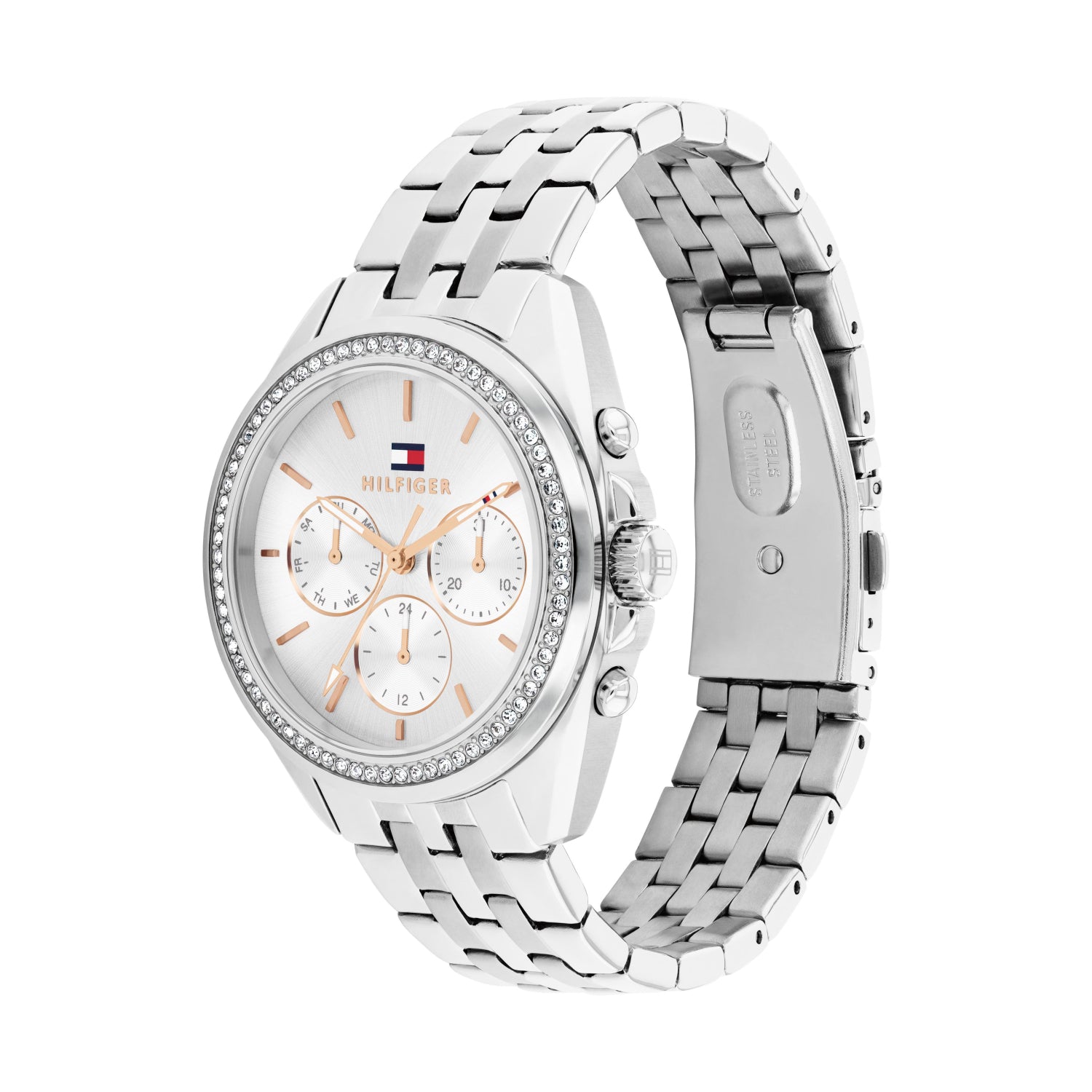 Tommy Hilfiger Damenarmbanduhr mit silberfarbenem Metallband, funkelnder Lünette und Chrono-Ziffern