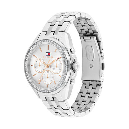 Tommy Hilfiger Damenarmbanduhr mit silberfarbenem Metallband, funkelnder Lünette und Chrono-Ziffern