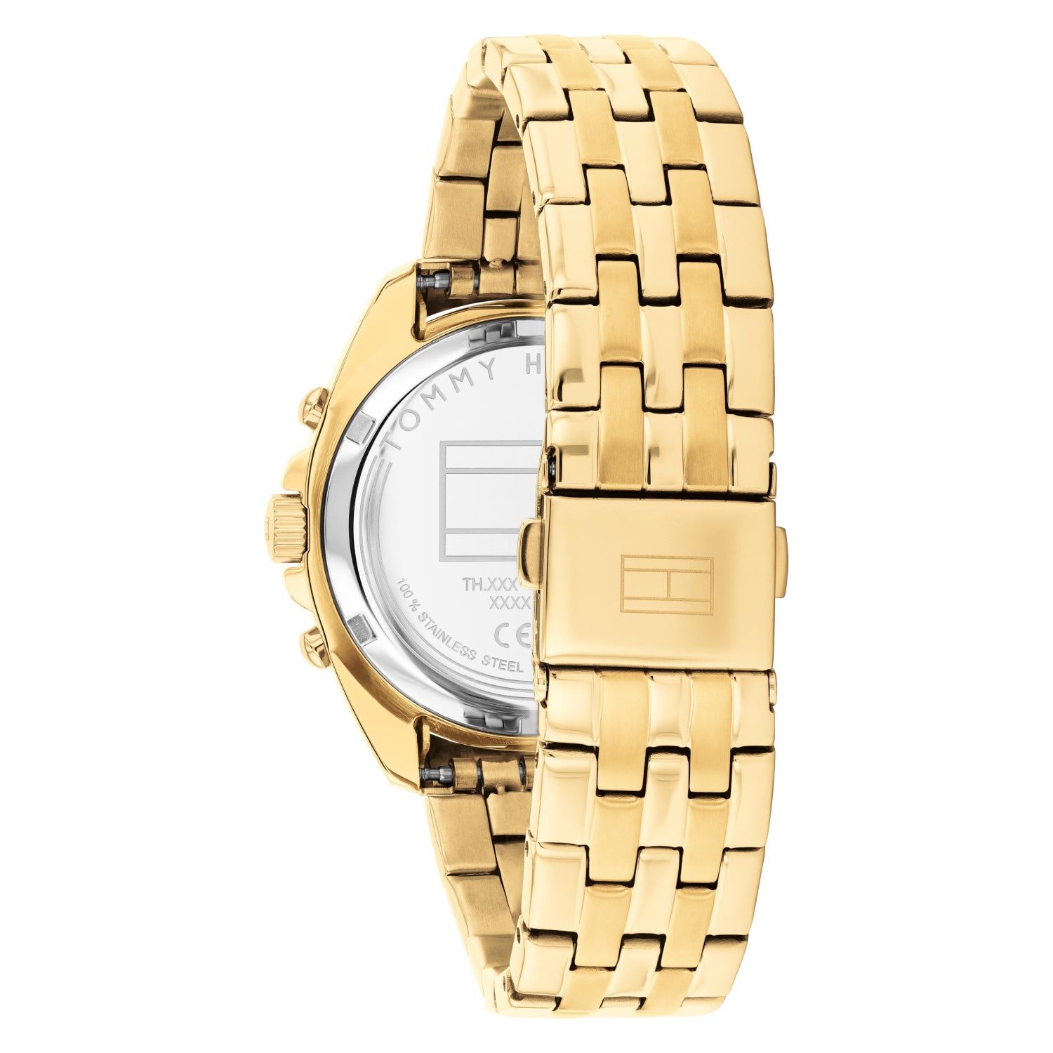Goldene Damen-Armbanduhr mit Gliederarmband, Gehäuse mit Rückseitenansicht
