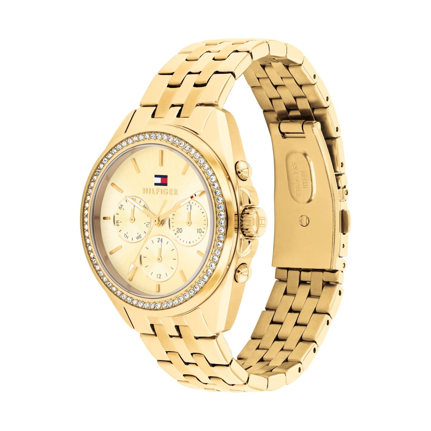 Goldene Damen-Armbanduhr mit Funkelrand am Zifferblatt und Gliederarmband