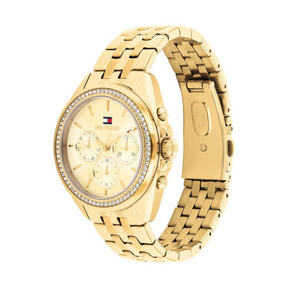 Goldene Damen-Armbanduhr mit Funkelrand am Zifferblatt und Gliederarmband