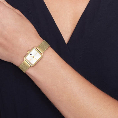 Tommy Hilfiger-Armbanduhr, goldenes Meshband, weißes Zifferblatt, Zirkonia-Lünette