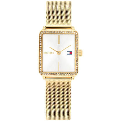 Damenarmbanduhr in Gold mit Mesh-Armband, weißem Zifferblatt und Zirkonia-Lünette