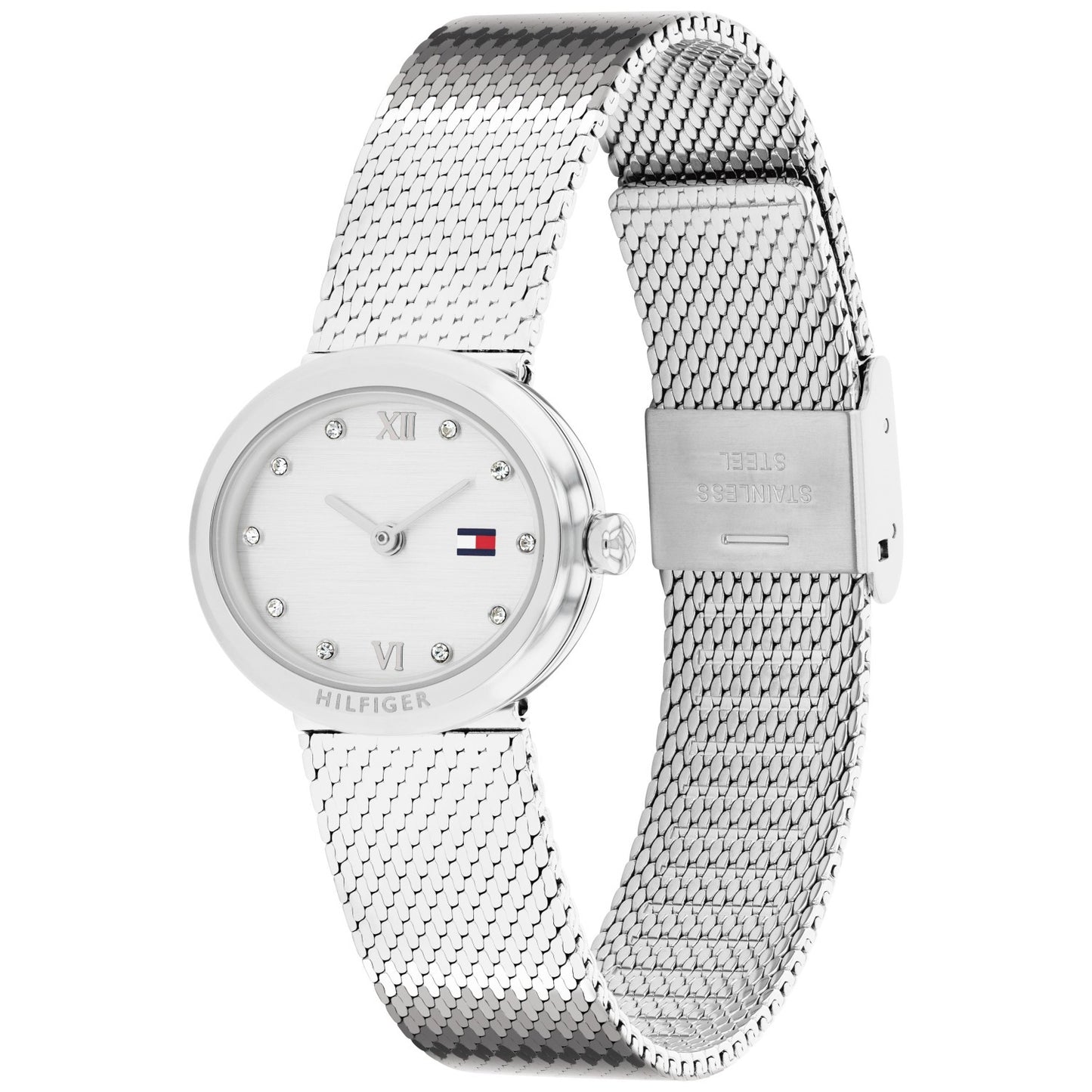 Silberne Damenuhr mit ovalem Gehäuse, Milanaise-Armband und Zifferblatt mit Ziffern