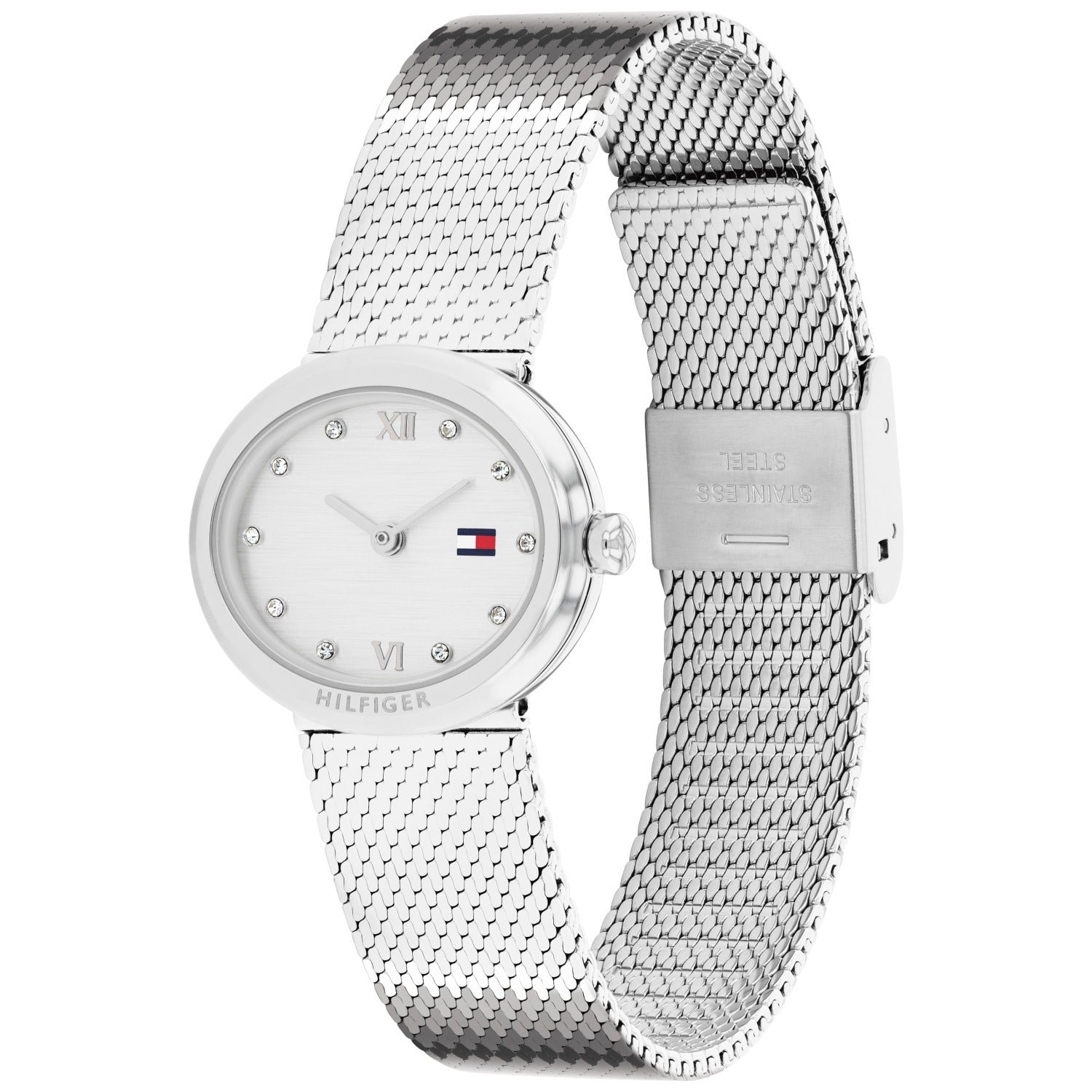 Silberne Damenuhr mit ovalem Gehäuse, Milanaise-Armband und Zifferblatt mit Ziffern