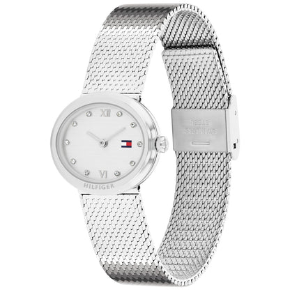 Silberne Damenuhr mit ovalem Gehäuse, Milanaise-Armband und Zifferblatt mit Ziffern