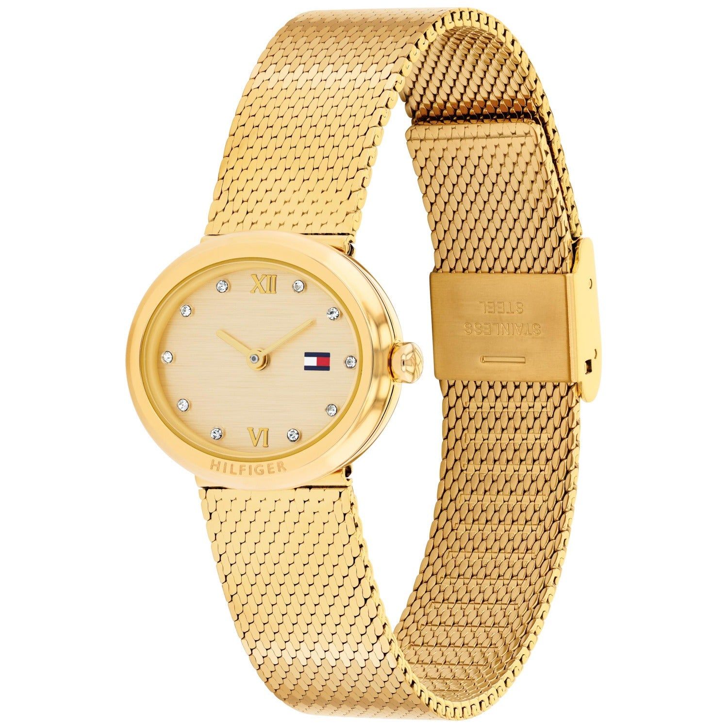 Tommy Hilfiger MOIRA Damenarmbanduhr Gold, ovales Gehäuse mit Open-Heart-Design