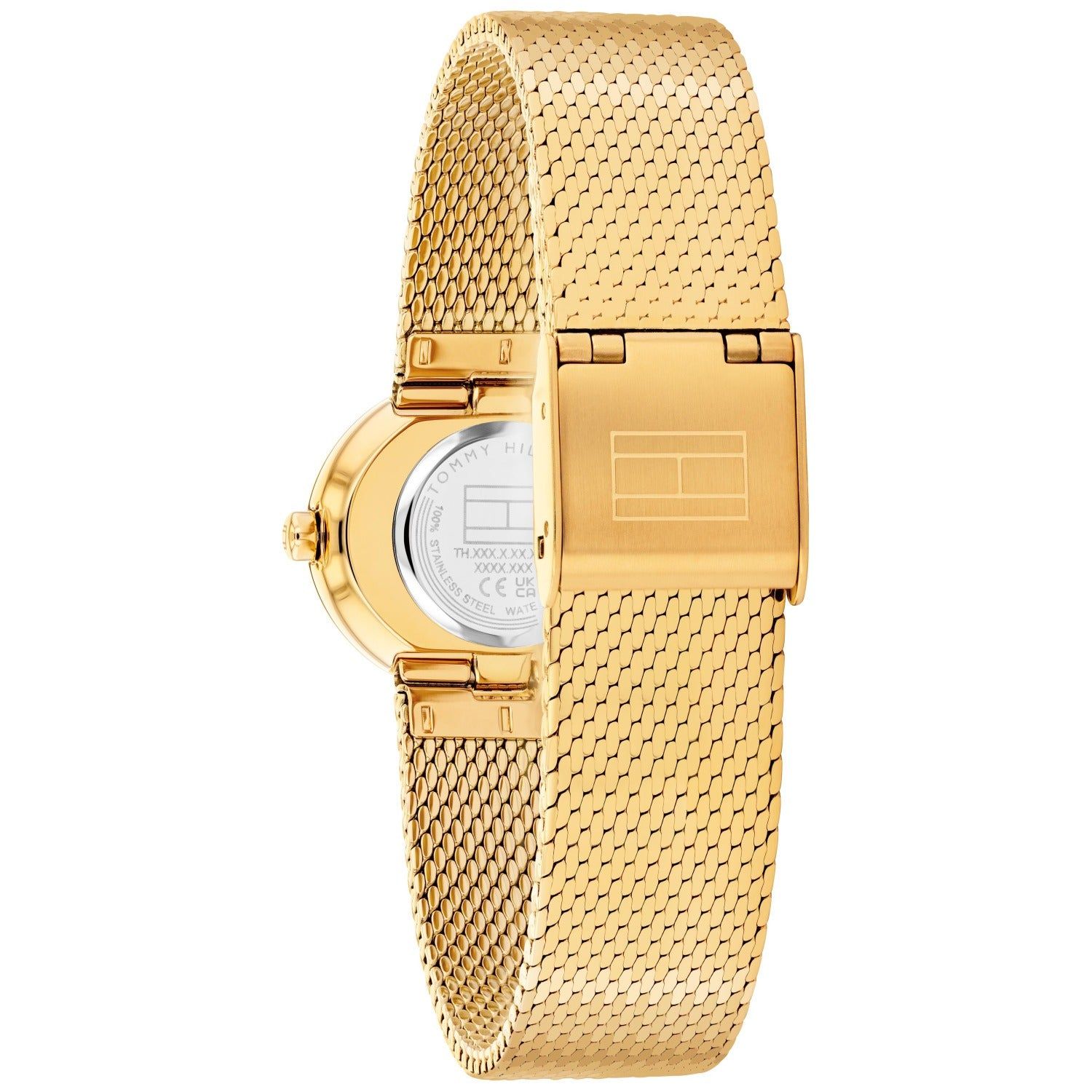 Tommy Hilfiger MOIRA Damenarmbanduhr Gold, seitliche Ansicht mit Mesh-Armband und Krone