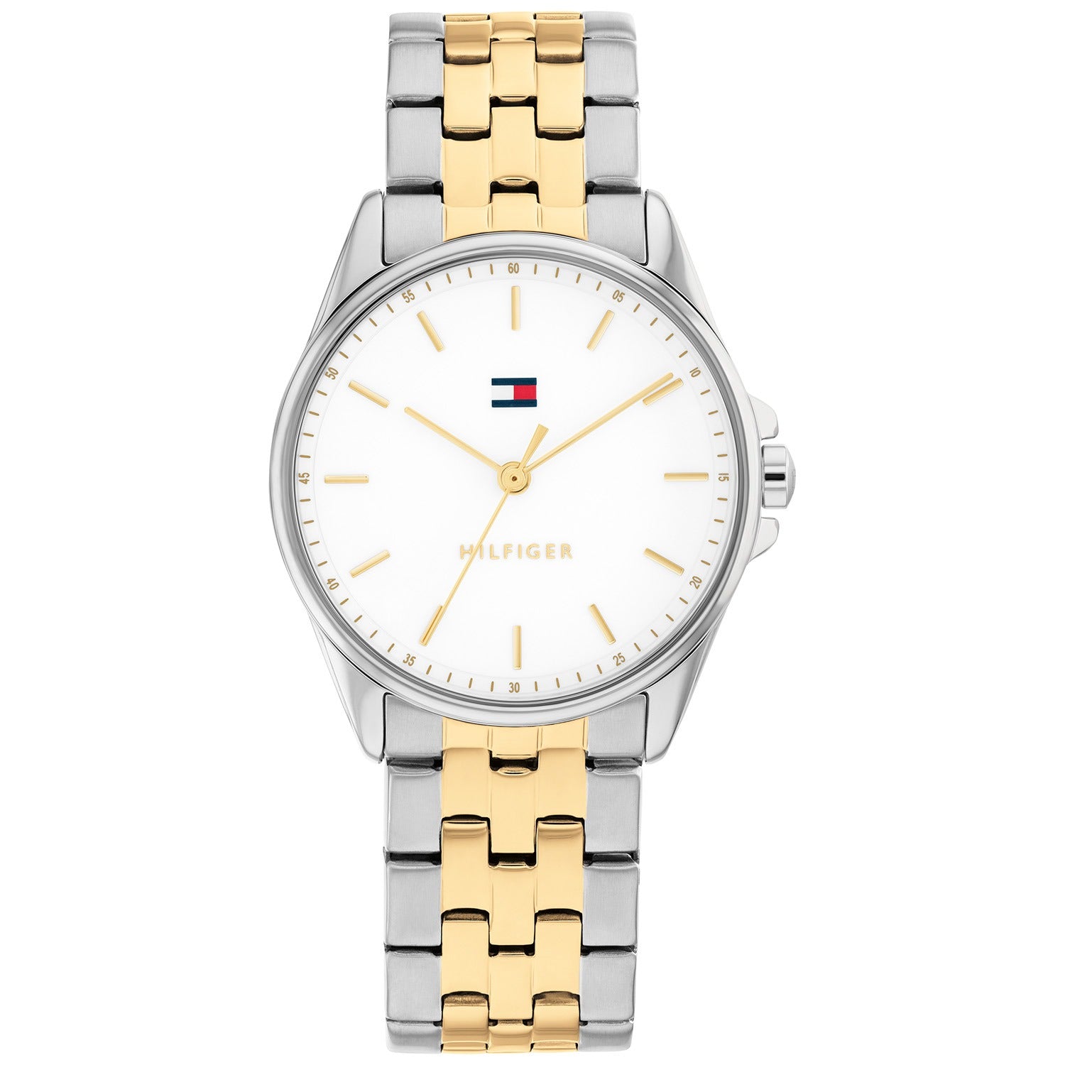 Tommy Hilfiger Jade Damenarmbanduhr mit weißem Zifferblatt und zweifarbigem Metallarmband