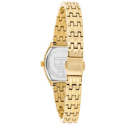 Goldene Quarzarmbanduhr, seitliche Ansicht mit Metallarmband und rechteckigem Gehäuse