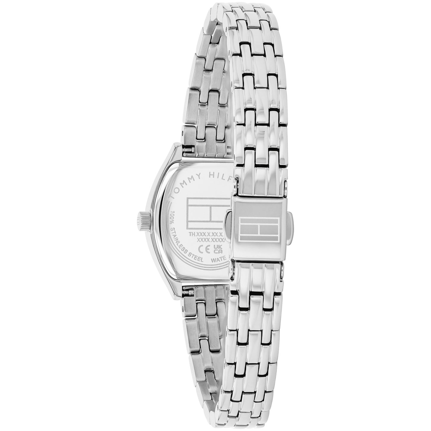 Tommy Hilfiger Damenarmbanduhr mit silbernem Edelstahlarmband, Rückseite am Gehäuse
