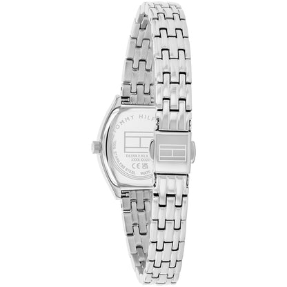 Tommy Hilfiger Damenarmbanduhr mit silbernem Edelstahlarmband, Rückseite am Gehäuse