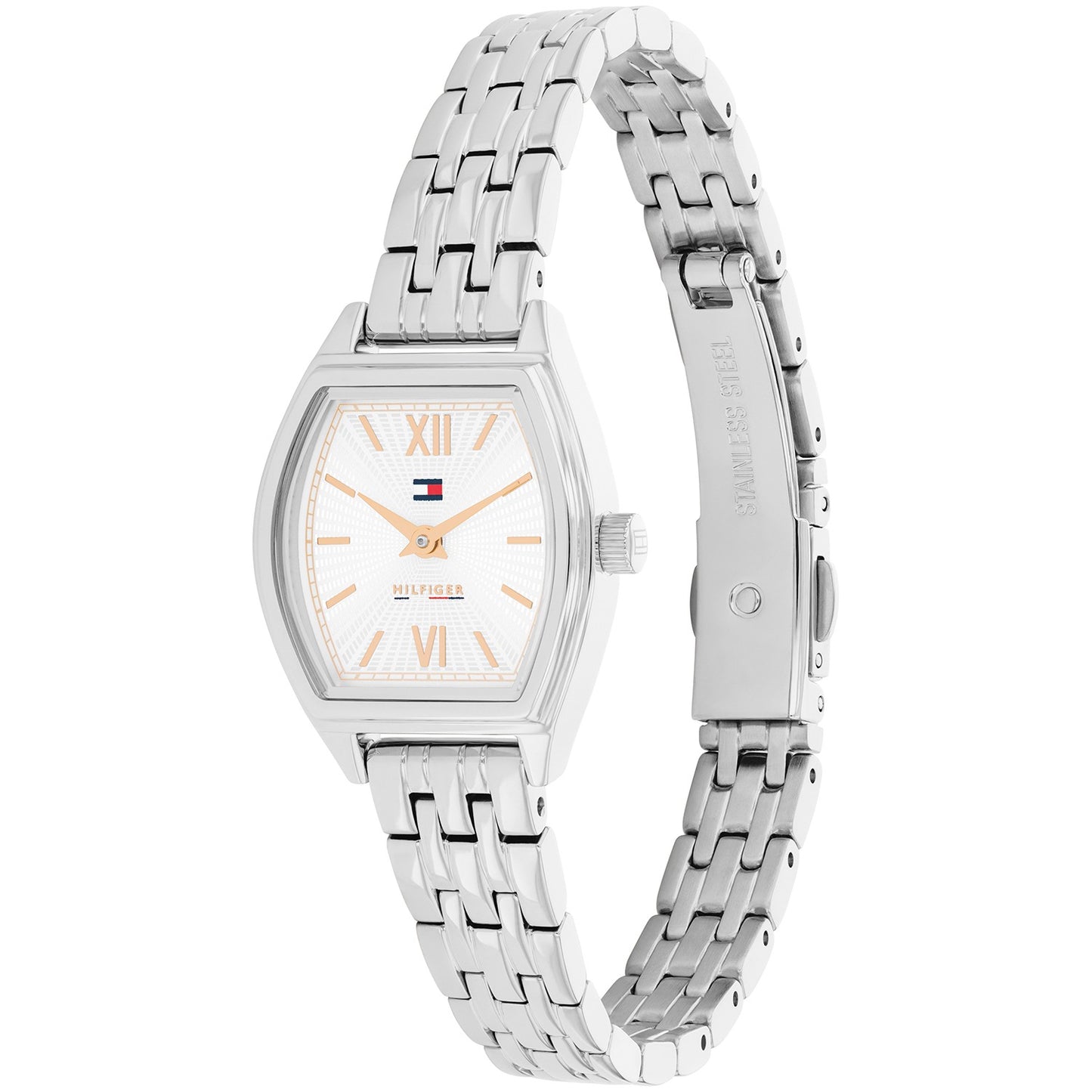 Tommy Hilfiger Damenarmbanduhr, viereckiges silbernes Gehäuse mit Edelstahlarmband