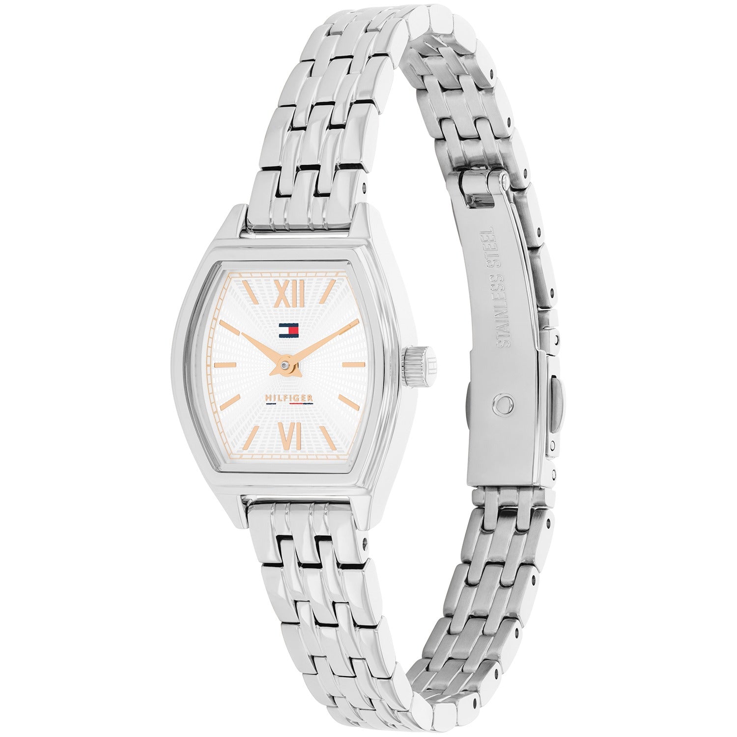Tommy Hilfiger Damenarmbanduhr, viereckiges silbernes Gehäuse mit Edelstahlarmband