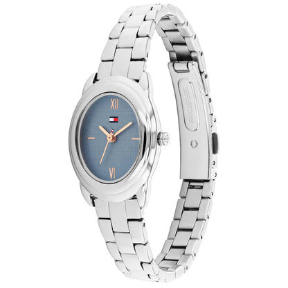Tommy Hilfiger Armbanduhr mit ovalem blauem Zifferblatt, römischen Ziffern und silbernem Band