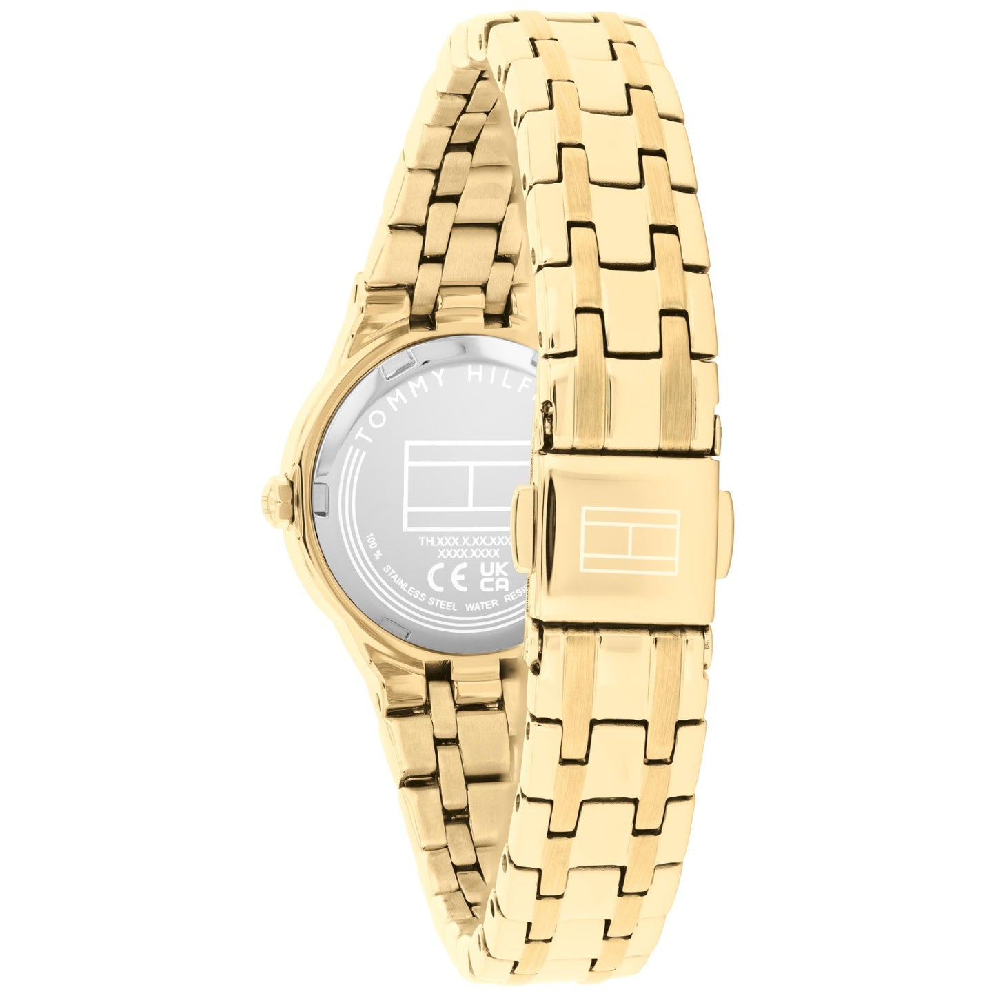Tommy Hilfiger Armbanduhr seitlich, goldenes Gliederarmband, graues Zifferblatt