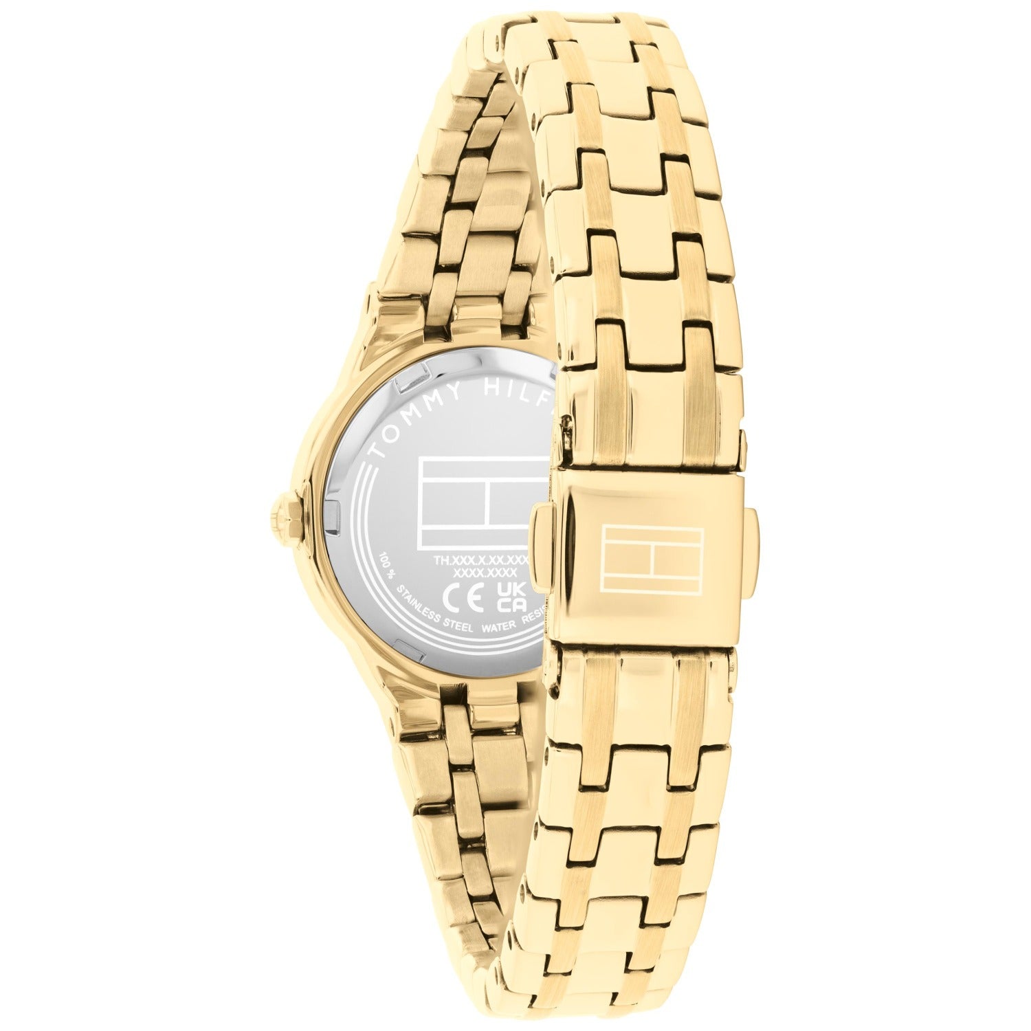Tommy Hilfiger Armbanduhr seitlich, goldenes Gliederarmband, graues Zifferblatt