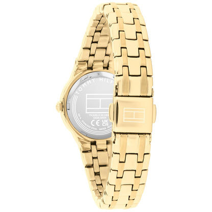 Tommy Hilfiger Armbanduhr seitlich, goldenes Gliederarmband, graues Zifferblatt