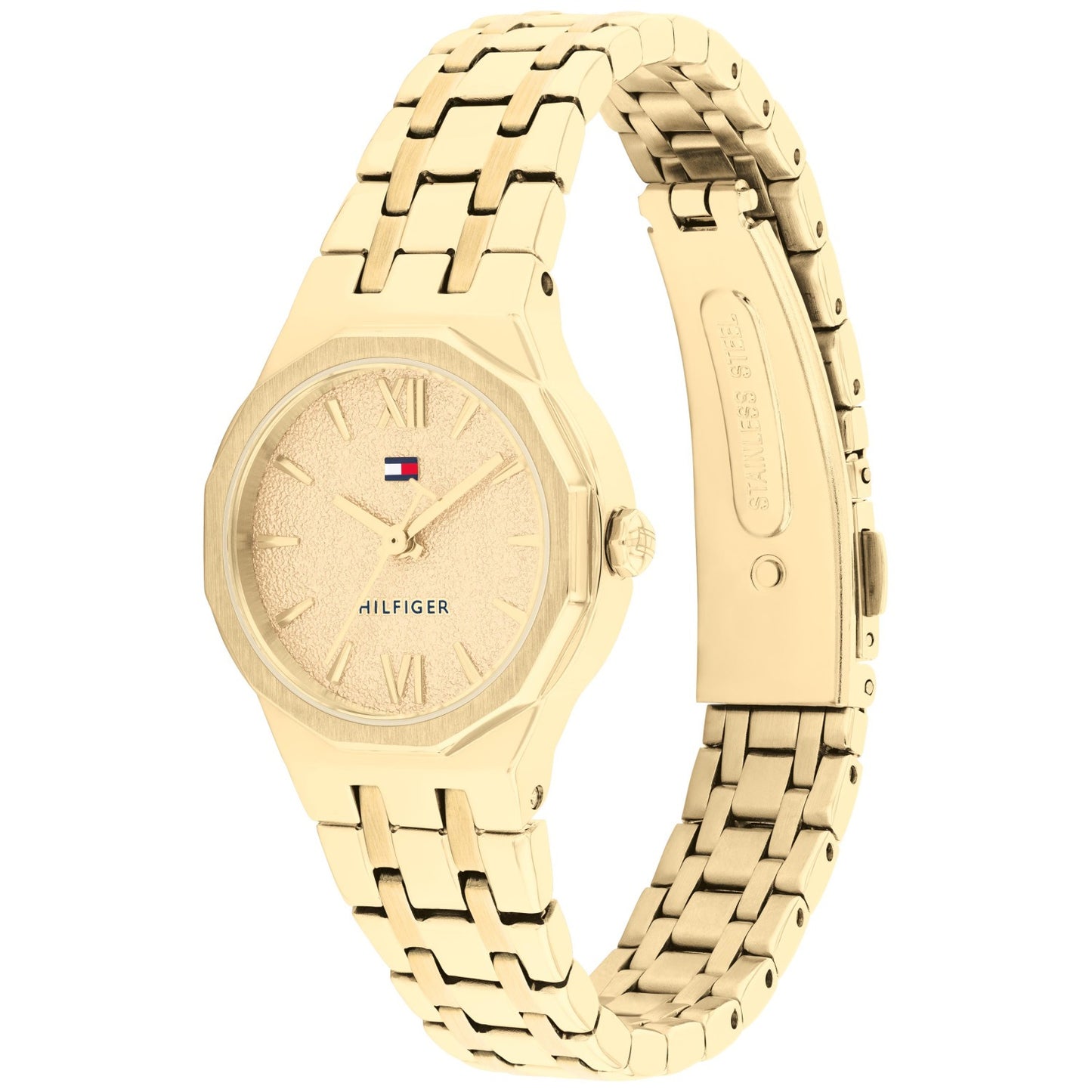 Tommy Hilfiger Armbanduhr mit goldenem Gliederarmband und rundem Zifferblatt, römische Ziffern