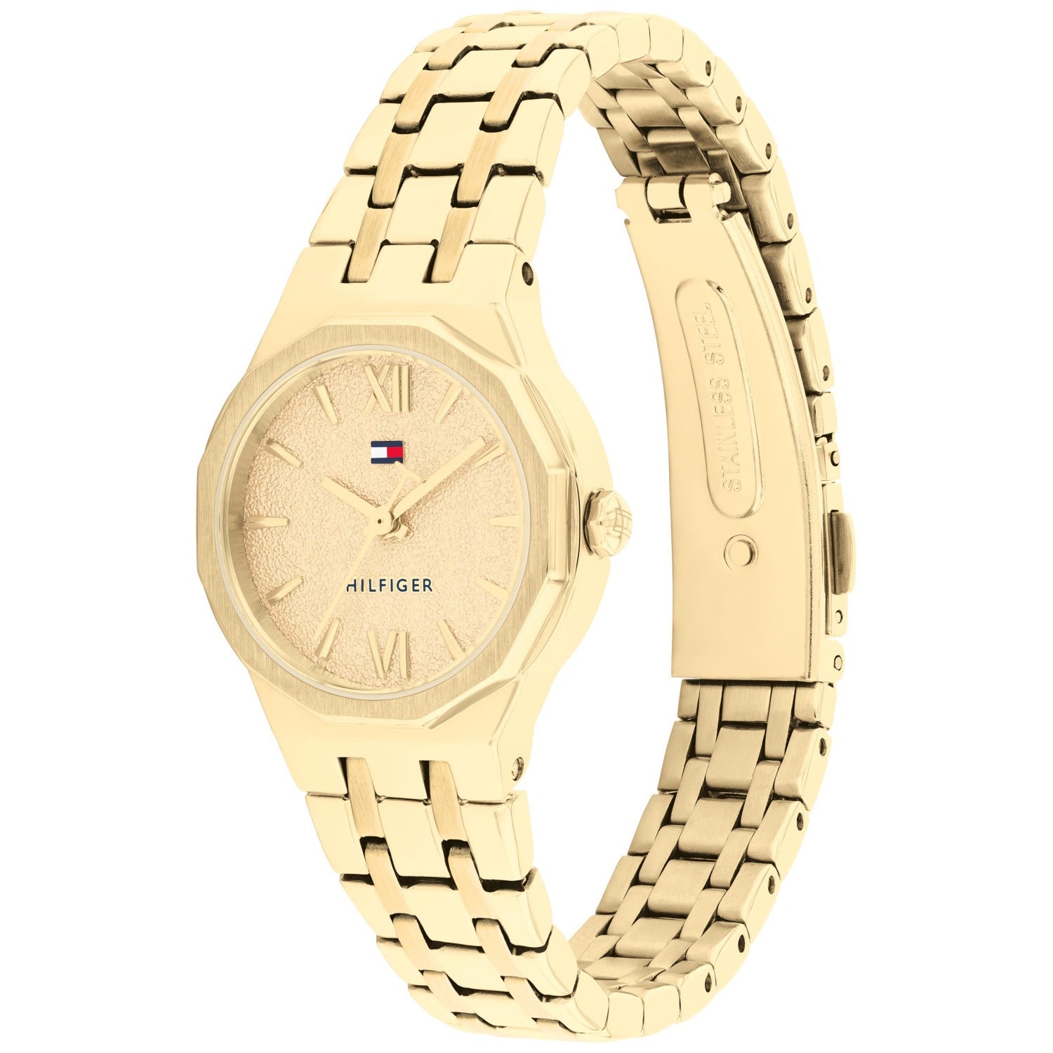 Tommy Hilfiger Armbanduhr mit goldenem Gliederarmband und rundem Zifferblatt, römische Ziffern
