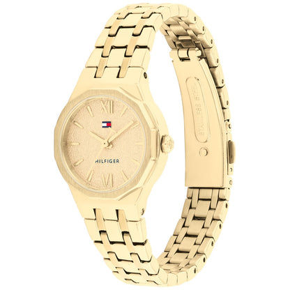 Tommy Hilfiger Armbanduhr mit goldenem Gliederarmband und rundem Zifferblatt, römische Ziffern