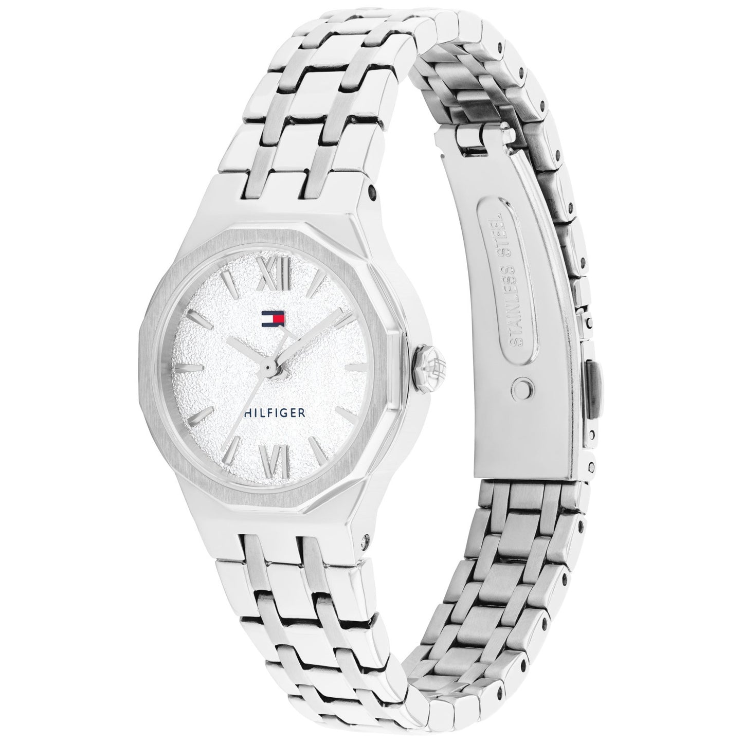 Silberne Damenarmbanduhr mit Edelstahlgliederarmband, rundem Zifferblatt und römischen Ziffern
