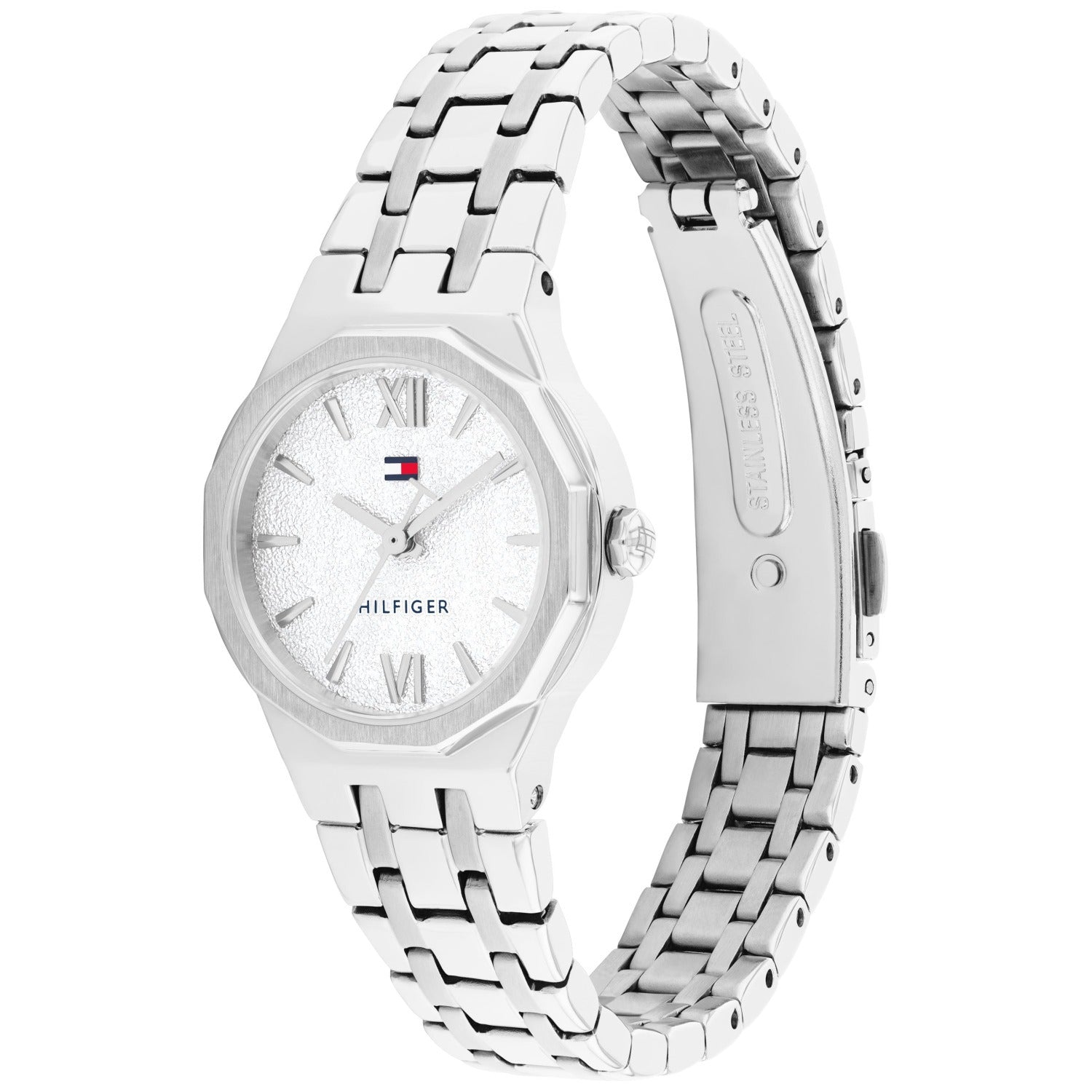 Silberne Damenarmbanduhr mit Edelstahlgliederarmband, rundem Zifferblatt und römischen Ziffern